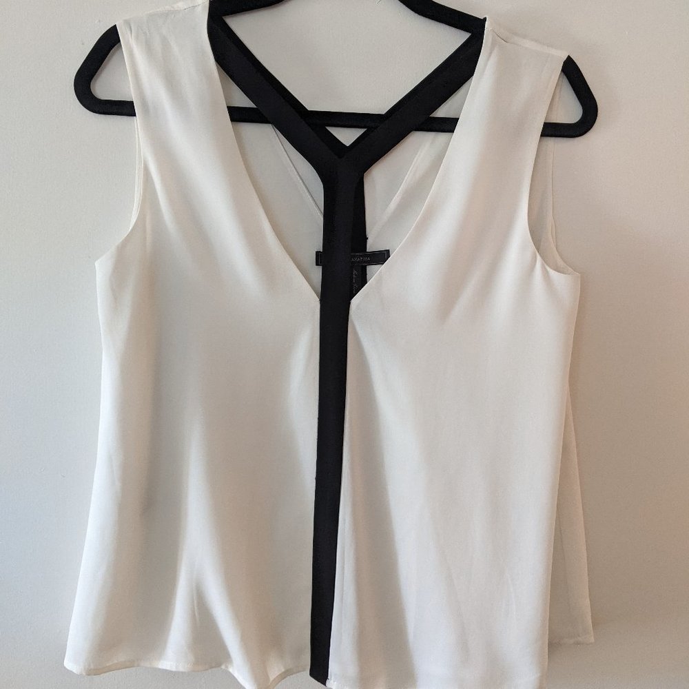 White and Black BCBGMaxAzria double v-neck with cut out blouse